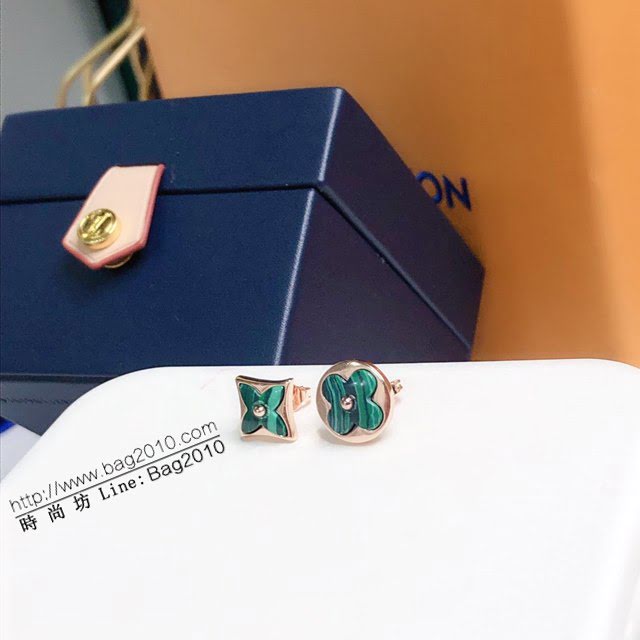 Louis Vuitton純銀飾品 路易威登新款孔雀石耳釘 LV不對稱四葉草925純銀耳環  zglv2227